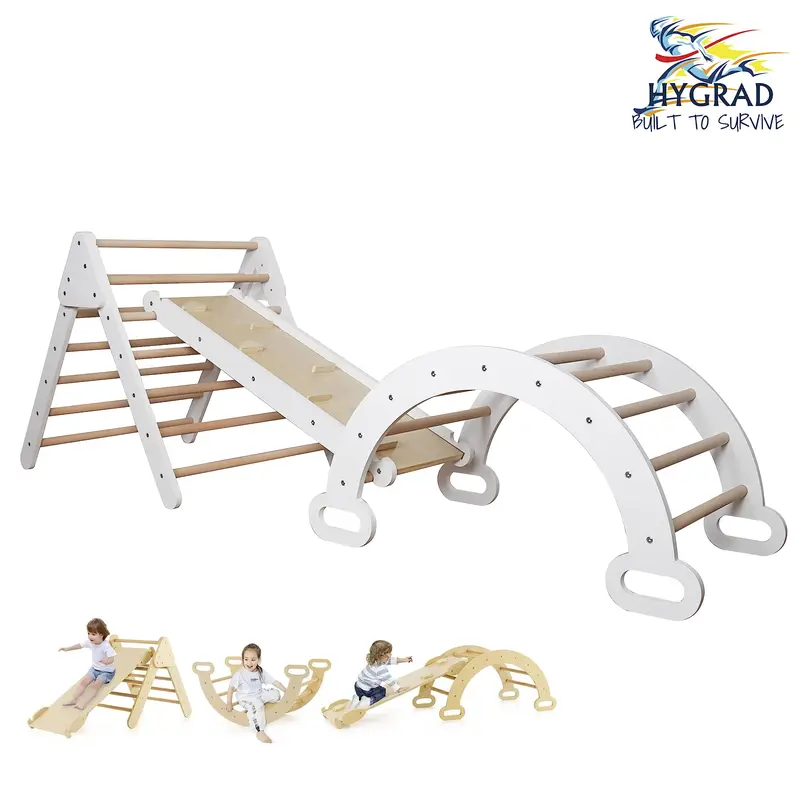 Pikler Triangle Climber Set of 3, Toddler Climbing Toys Indoor Folding with Ramp & Arch & Mat & Wooden Puzzle, Wooden Montessori Play Gym for Toddlers and Kids HYGRAD® 1
