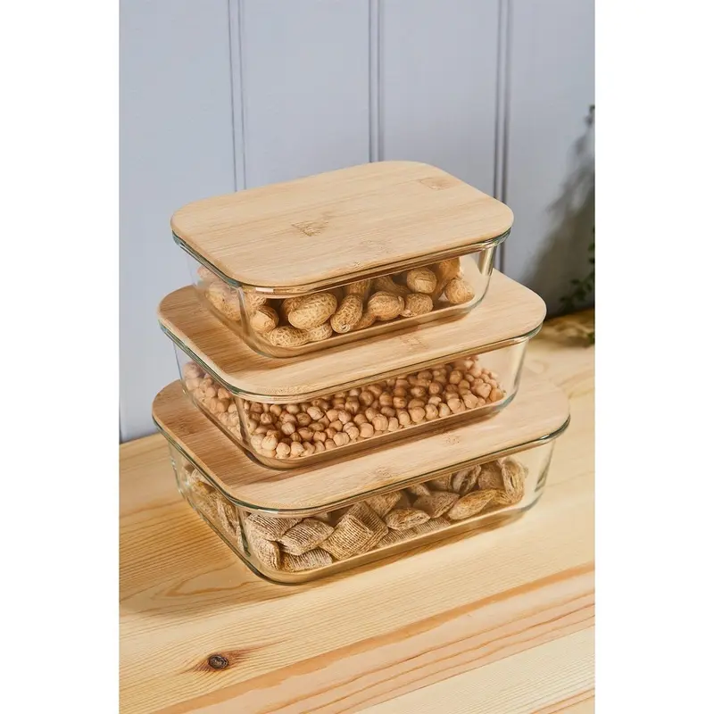 Glass Meal Prep Containers With Bamboo Lids, 3 Pack Dishwasher Microwave Freezer Oven Safe (220 degrees) Reusable Storage Set 2