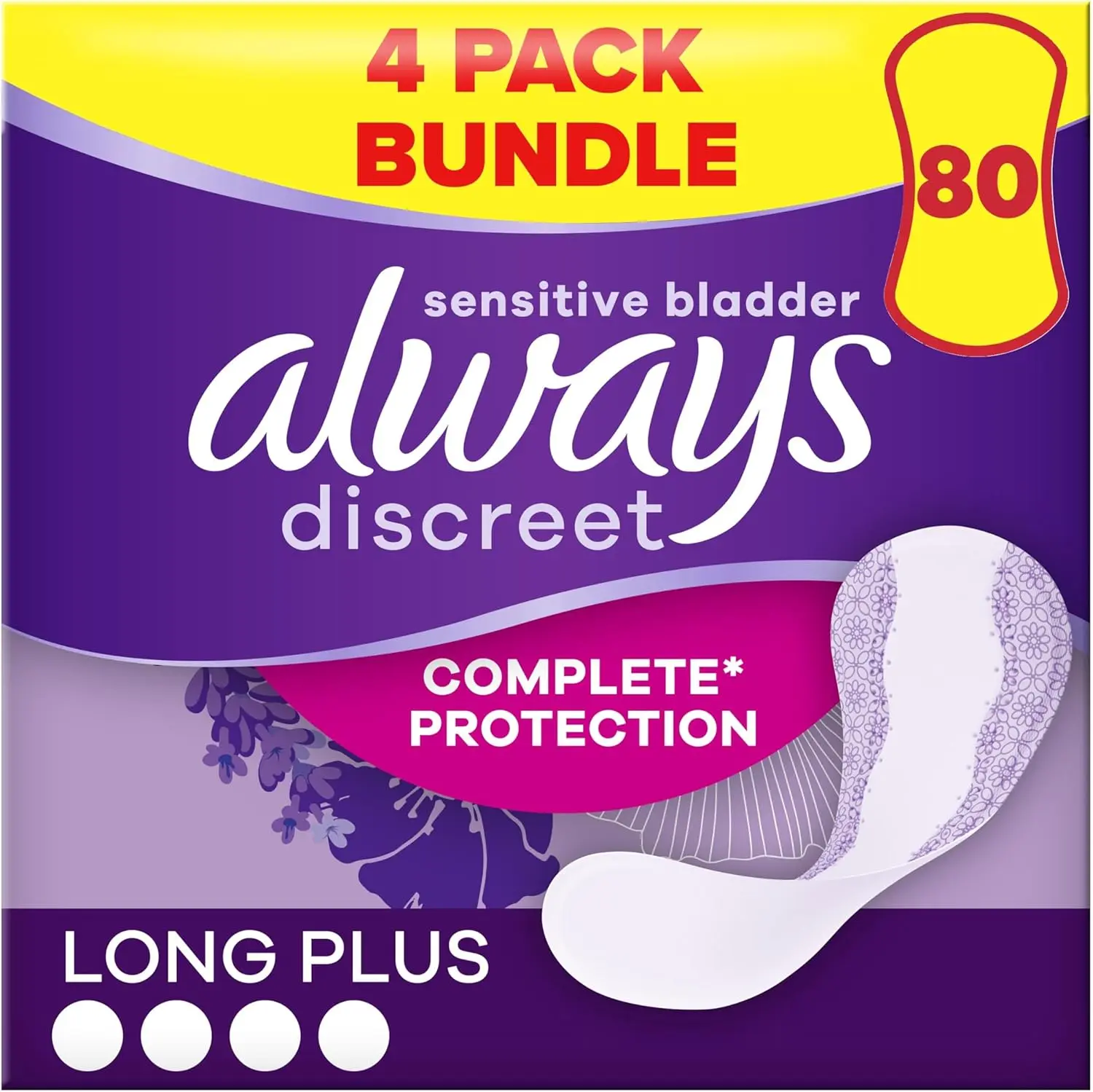 Always Discreet Incontinence Liners Women, 80 High Absorbency Liners (20 X 4 Packs), Thin and Flexible, Long, Sensitive Bladder Gentle Comfort