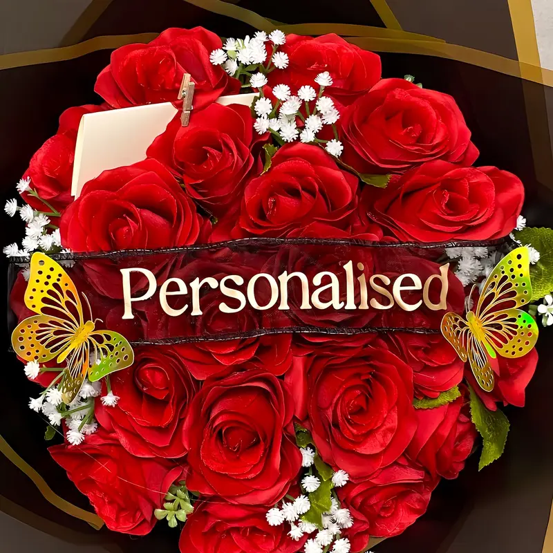 Beautiful Personalised Red Rose Bouquets Red/Pink/Purple/Grey - Inc. Two Butterflies, Postcard & Ribbon Message - The Perfect Gift For Any Occasion valentines flowers Decor Decorative 4