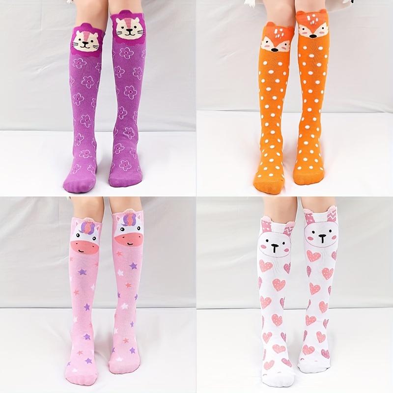 Cat Pattern 4 Pairs Girls Knee High Stocking Socks, Comfy Breathable Sweat Resistant Anti-odor Socks For Spring Summer 1