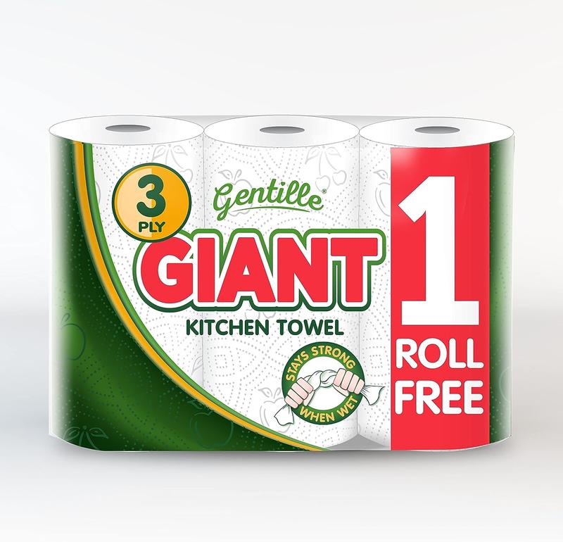 18 Rolls Gentille Giant 3 Ply Thickness Paper Towel-Extra Strong, Absorbent, Tough, Durable Kitchen Roll- Multipurpose  6 Pack of 3 Rolls Wipes 6