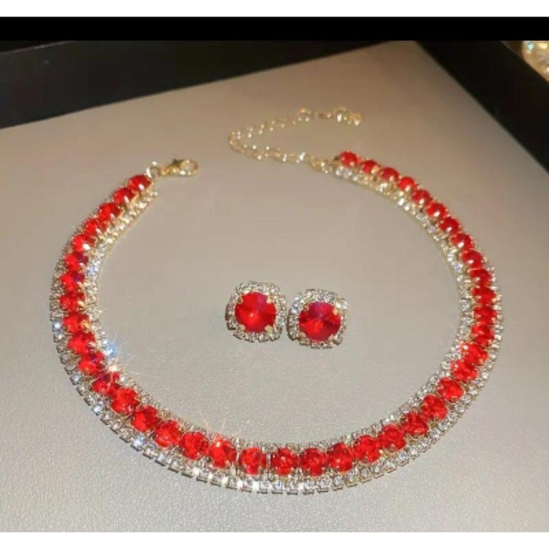Full Round Shape Red Rhinestone Inlaid Stud Earrings & Bracelet Bling Bling Luxury Style Banquet Jewelry Set 6