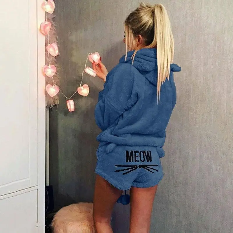 Women Coral Velvet Pajamas Set Autumn Winter Warm Pajamas Two Piece Set Sleepwear Cute Cat Meow Pattern Hoodies Shorts Set Loungewear Womenswear 3