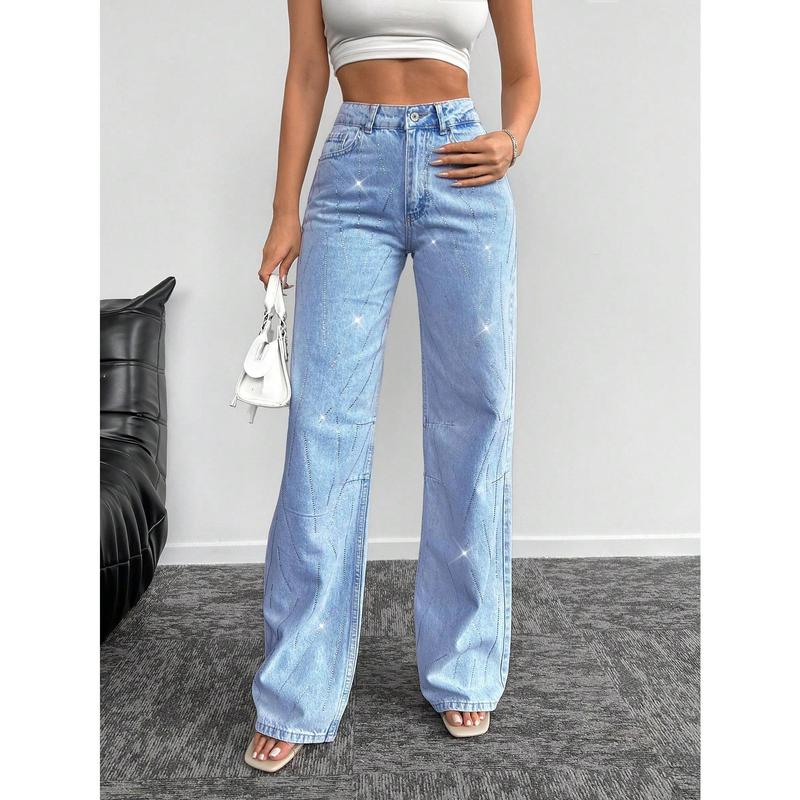 Product Introduction of ​Women's BottomsWomen's Loose Wide Leg Jeans With Rhinestone Decor【S30】 Womenswear Bottom Trouser Pants Streetwear Denim Comfort Wideleg Pocket Basic Blue Minimalist whale  tail  baggy  jeans 20