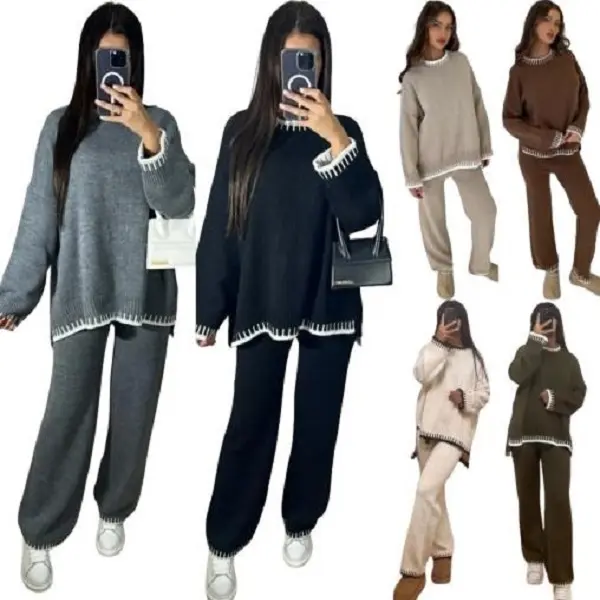 Womens Knitted Lounge Wear Ladies Wide Leg Palazzo Top Trousers Tracksuit Set Comfort Womenswear Comfortable Fit Jumper Long Sleeves Clothing Loungewear Soft Basic Casual Minimalist
