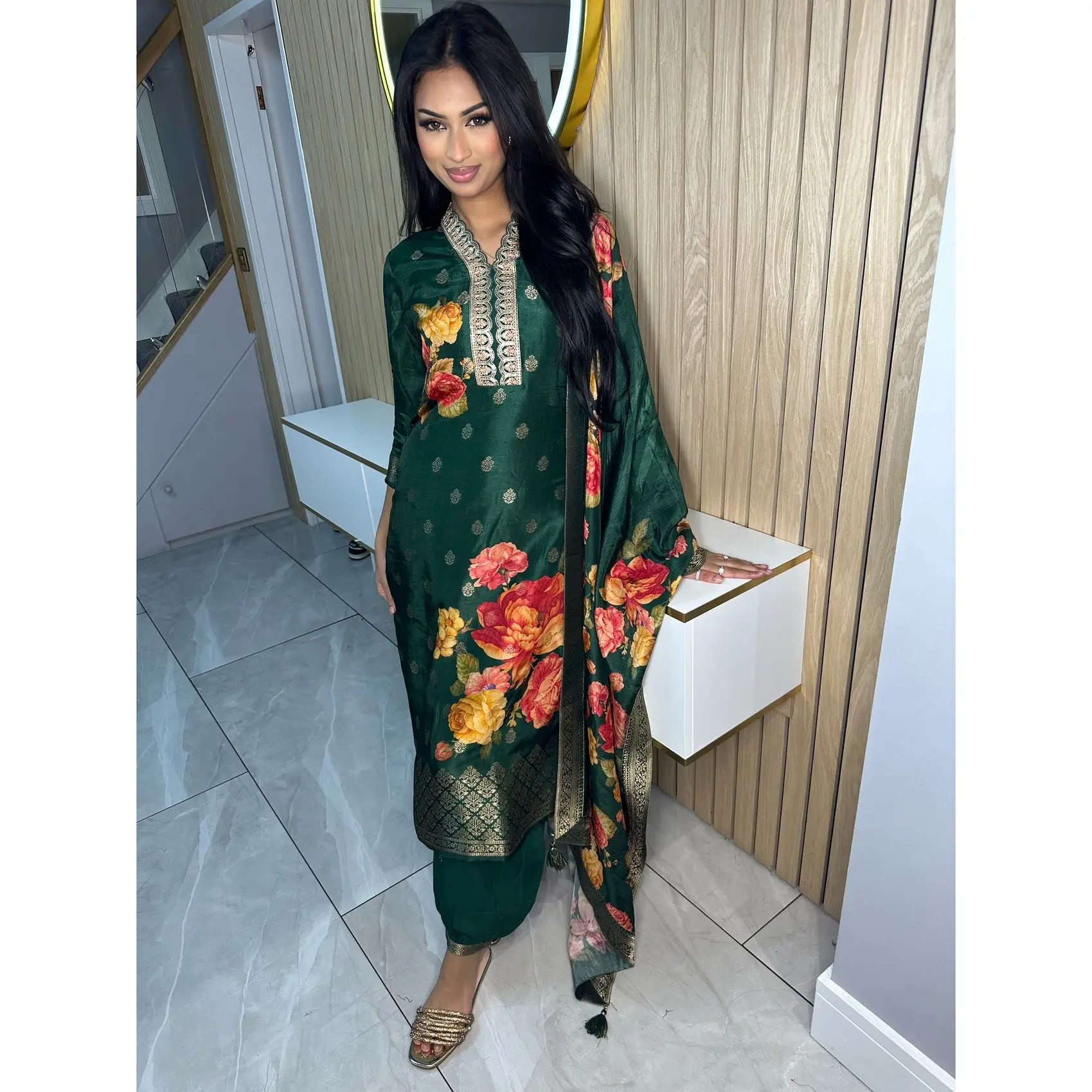 Fatima Floral 3pc Indian Silk Shalwar U2-B3