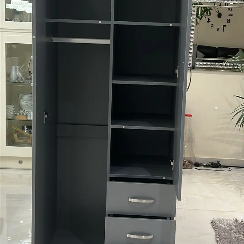 PALAKLOT 2 Door 3 Drawer Full-length Mirror Wardrobe | Modular Cabinet for Space Saving | Ideal Storage Organizer (Grey) 4