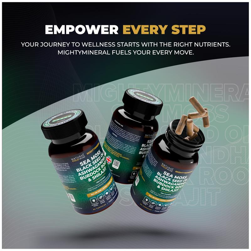 MightyMineral - Shilajit 4000MG, Sea Moss 8000MG, Ashwagandha 2000MG, Black Seed 3000MG, Burdock Root 2000MG | 5 IN 1 | ALL-IN-ONE | Optimum Healthcare Edible Dietary Natural Wellness & Fitness Supplement Highly Potent Capsules- Vegan 6