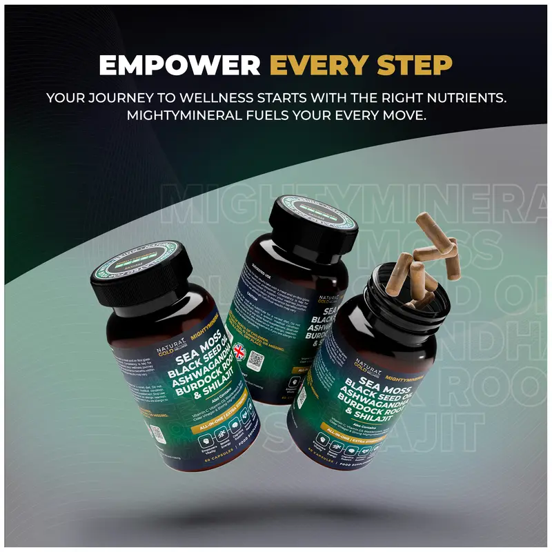 MightyMineral - Shilajit 4000MG, Sea Moss 8000MG, Ashwagandha 2000MG, Black Seed 3000MG, Burdock Root 2000MG | 5 IN 1 | ALL-IN-ONE | Optimum Healthcare Edible Dietary Natural Wellness & Fitness Supplement Highly Potent Capsules- Vegan 6