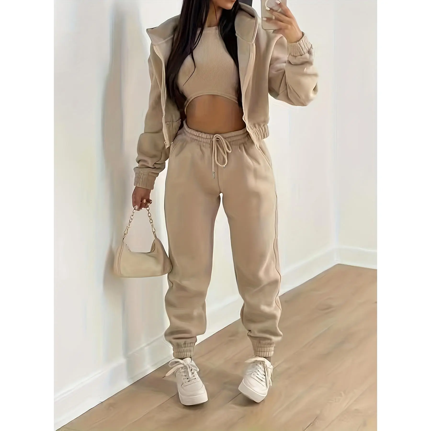 Three-Piece Casual Outfit Set - Zip-Up Hooded Jacket, Sleeveless Crew Neck Tank Top, and Drawstring Elastic Waist Jogger Pants - Comfortable, Versatile, and Stylish Women's Clothing for Everyday Wear