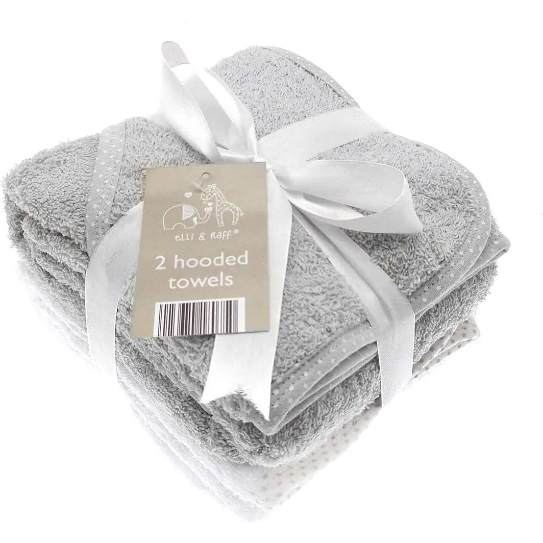 Pack of 2 white and Grey Baby Hooded Bath Time Towel 99% Cotton Baby Gift