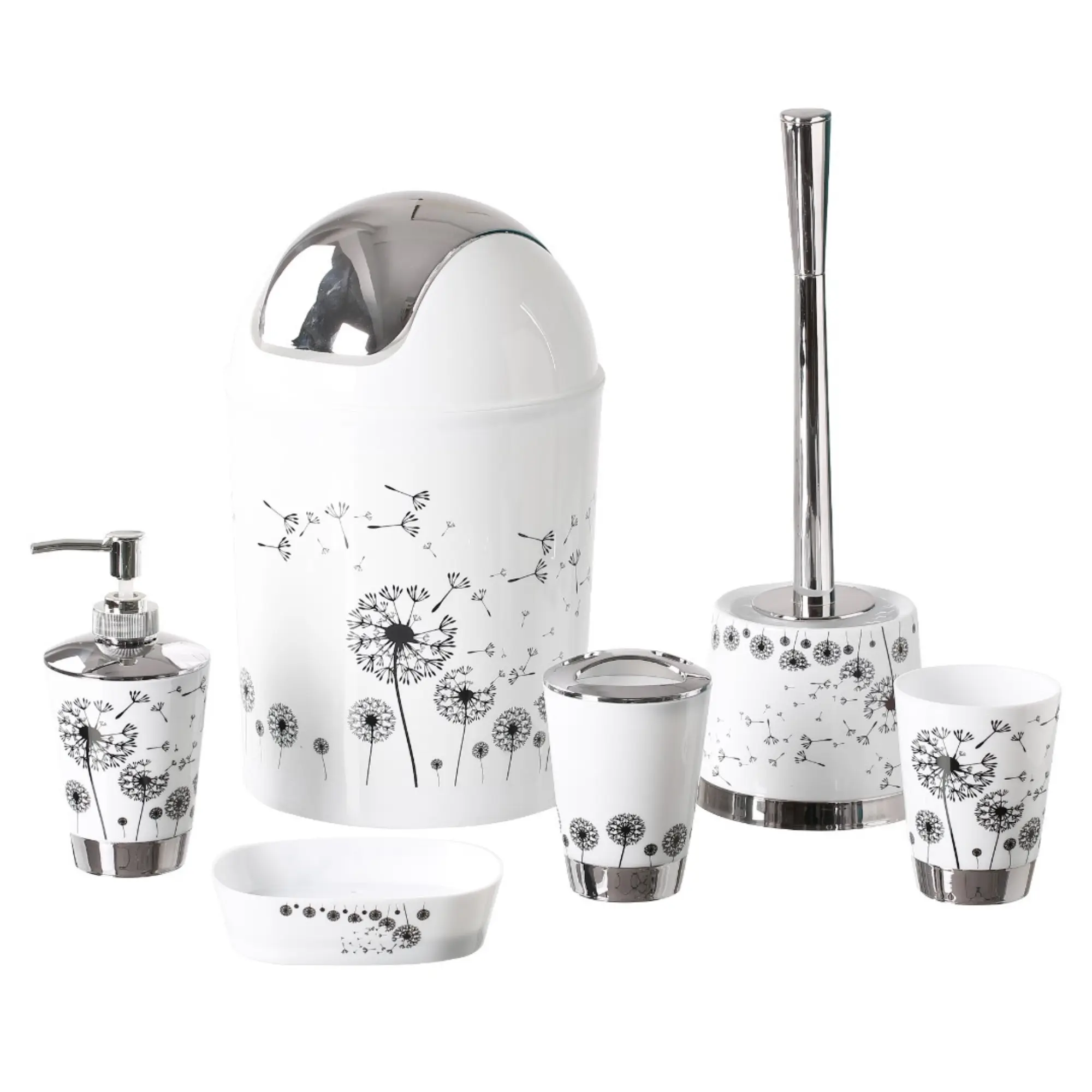 Bathroom Accessory Set 6 Pieces Luxury Modern Vanity Bath Accessories Bath Set Toilet Brush with Holder, Soap Dish, Lotion Dispenser, Toothbrush Holder, Tumbler, Trash Bin (Dandelion) Gift Plastic