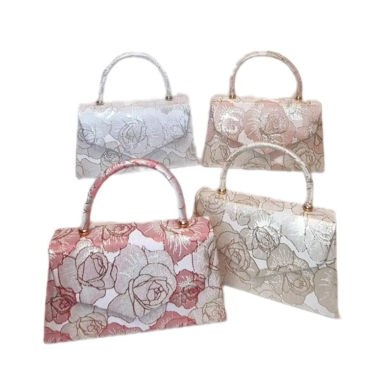 Satin Embroidered Jacquard Style Floral Rose Pattern Threadwork Top Handle Embellished Evening Clutch Bag - Pink, Red, Gold and Silver fashion bags designer handbags