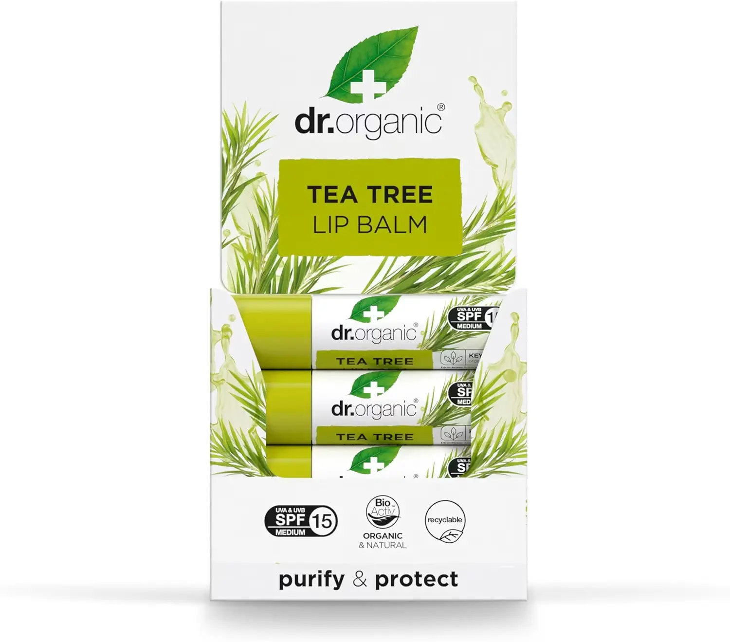 Dr Organic Tea Tree Lip Balm, Moisturising, SPF 15, Mens, Womens, Natural, Vegetarian, Cruelty-Free, Paraben & SLS-Free, Recycled & Recyclable, Organic, 5.7ml, Packaging may vary Skincare Comfort