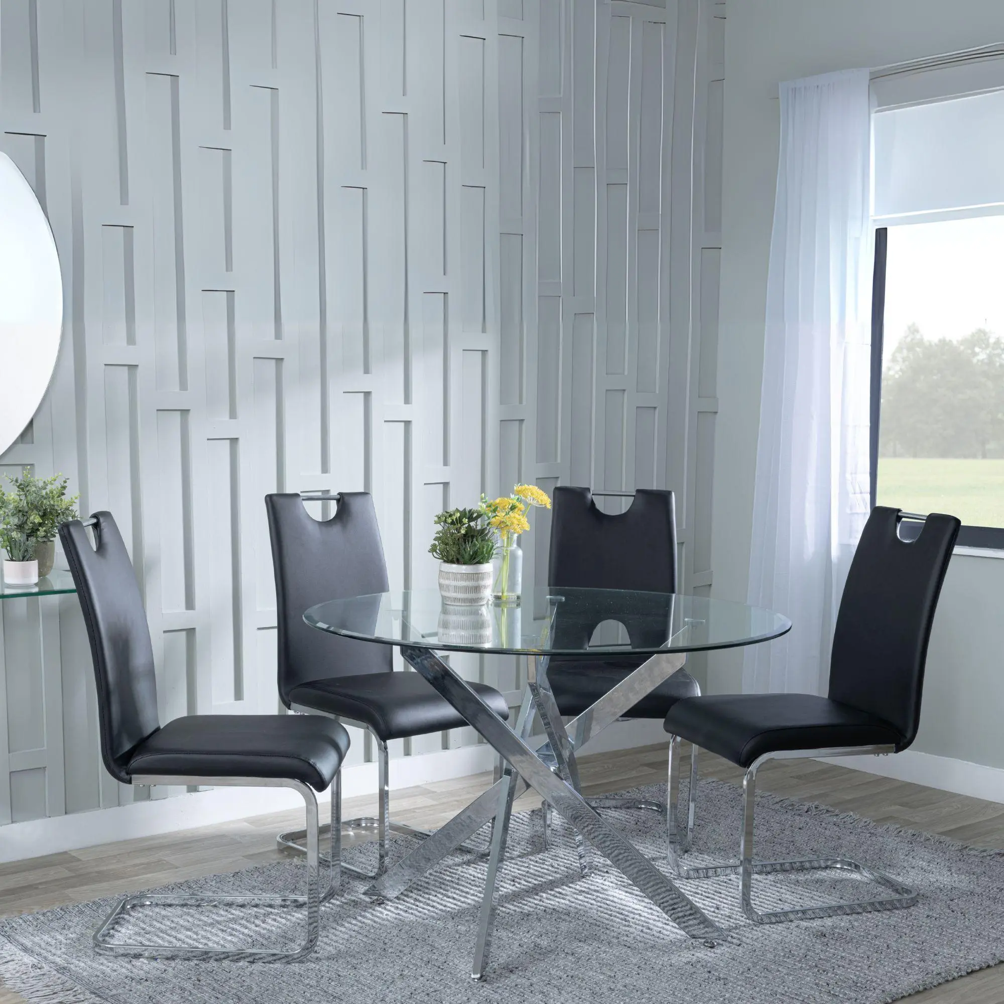 Chopstick Clear Glass and Chrome Metal 4 Seater Round Dining Set - 4 Bianco Black Faux Leather Dining Chair