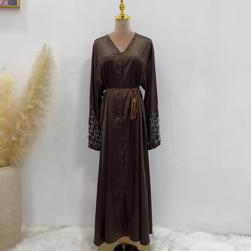 Product Introduction of HS1024 1pcs Satin Cardigan Handmade Beaded Dress Abaya 14