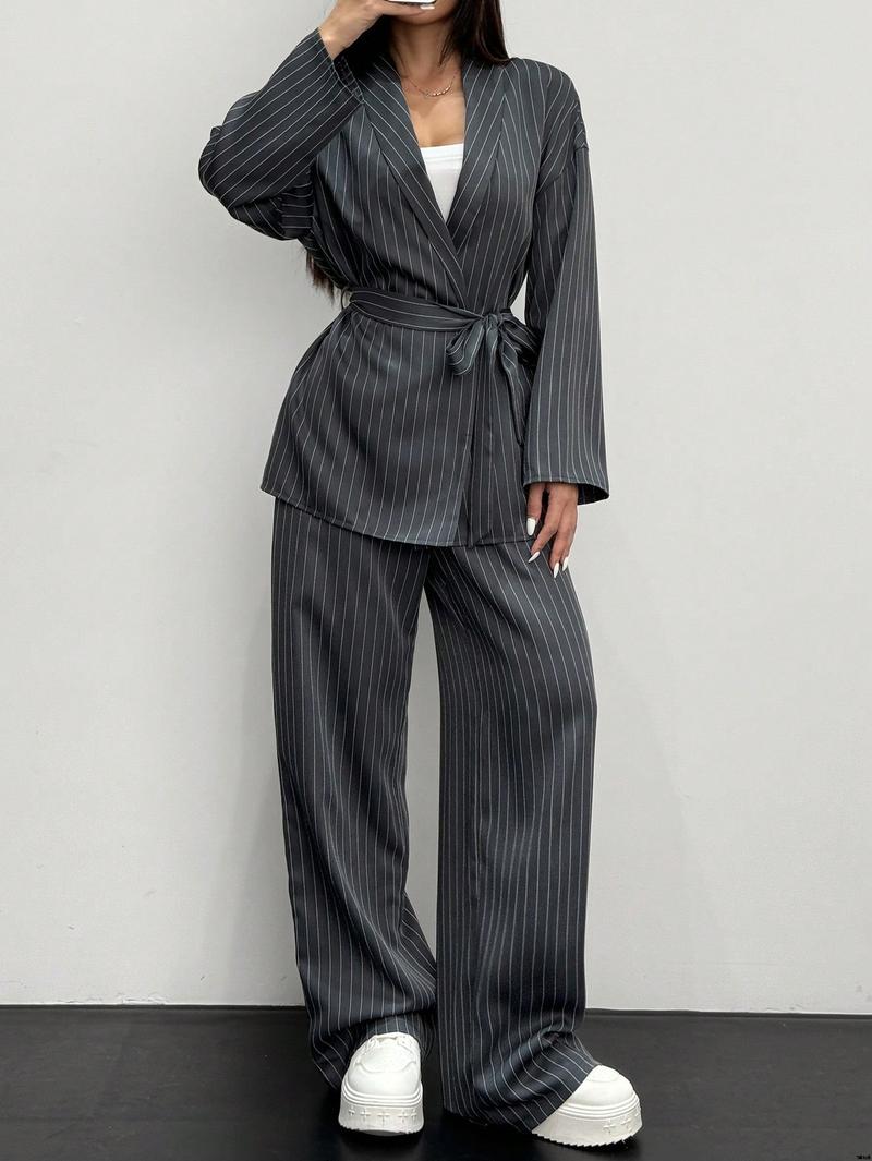 Product Introduction of Suit Commuting Fashion Office Gray , Suit Jacket Suit Kimono Casual Elegant Wrap Striped Women's Set 2 Essnce tiktok 3