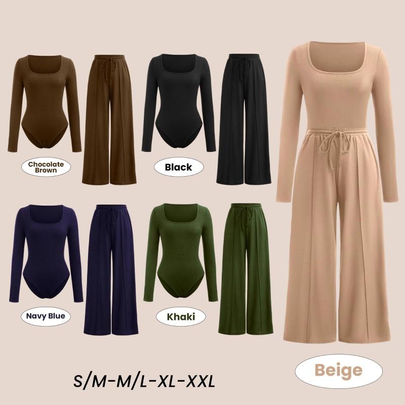 Product Introduction of WOMENS LADIES 2 PIECE MATCHING SET CREW NECK BODYSUITS WIDE LEG TROUSERS PANTS PALAZZO SET LOUNGEWEAR LONGSLEEVES STRETCHY SOFT COMFY LADY ELASTICATED WAIST DRAWSTRING HIGH QUALITY COORD LOUNGESET COMFORT WOMENSWEAR OVERALL Basic Adjustable Comfortable 1