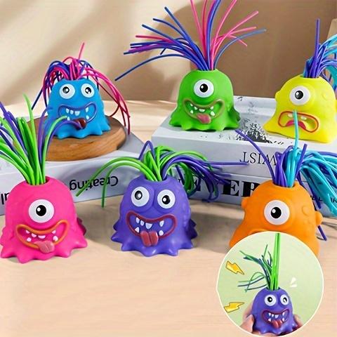 Product Introduction of 1pc Funny Prank Toy, Pull Hair Plush Toy that Screams Loudly, Multiple Sounds, Plastic Material, Random Color (Green, Orange, Pink, Yellow, Purple, Blue), with Back to School, New Semester, Ramadan Mubarak, Easter for Relieving Stress and Novelty Toy 4