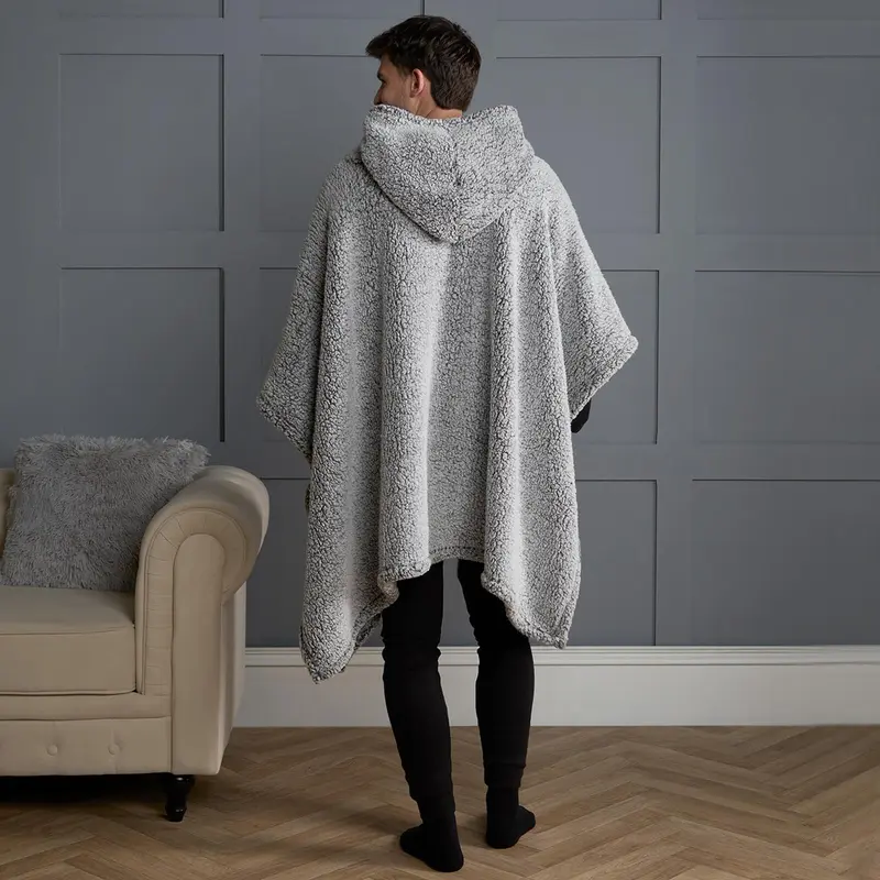 OHS Womens Oversized Teddy Marl Fleece Hoodie Poncho Blanket 3
