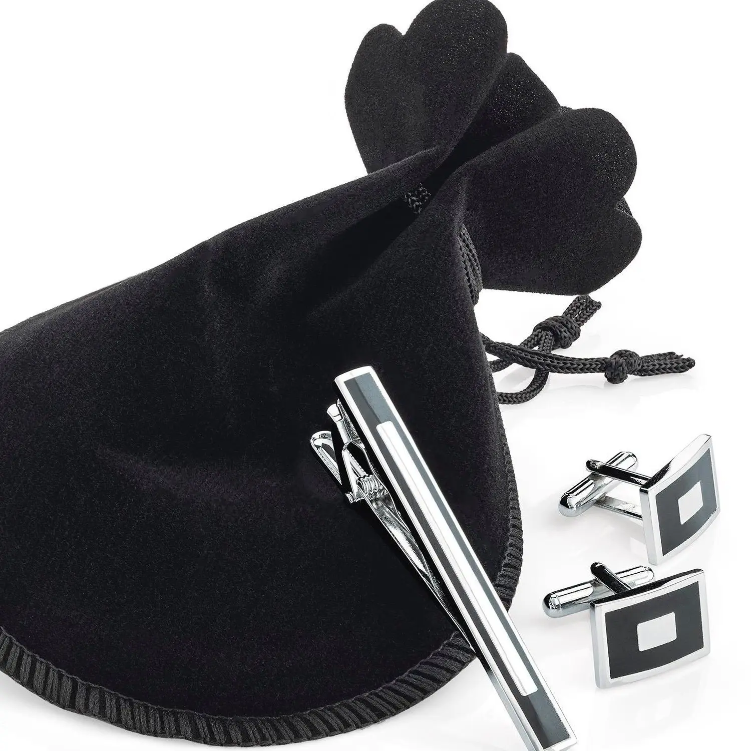 Men's Cuff Links & Tie Pin in Chrome and Black (Velvet Pouch Inc)