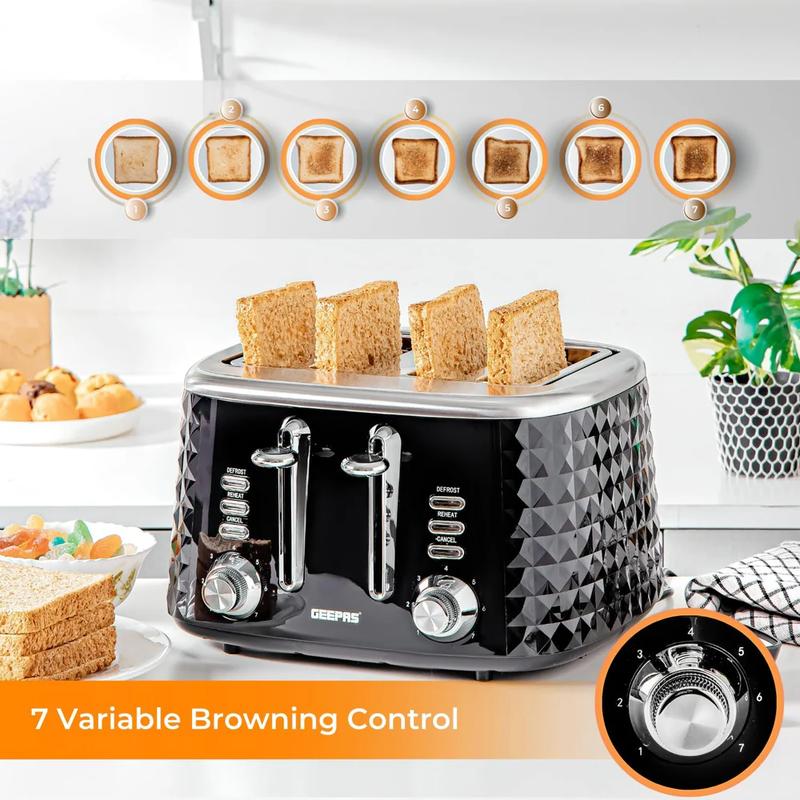 Geepas Black Kitchen Set - 1.5L Electric Kettle (3kW Rapid Boil), 4-Slice Toaster (Wide Slots, Auto Shutoff) & 20L Microwave (5 Power Levels, Timer) - Stylish & Space-Saving Kitchen Trio for Effortless Cooking & Reheating! 4