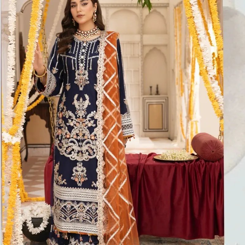 IMROZIA INSPIRED 3 PIECES EMBROIDERED PLAZOO SUITS.—NAVY BLUE
