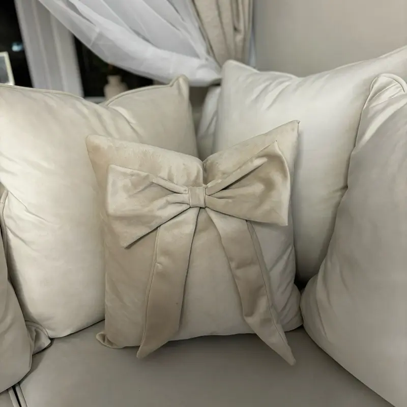 Cream, Neutral, Plush Velvet Bespoke Bow Cushion - Fabricnco