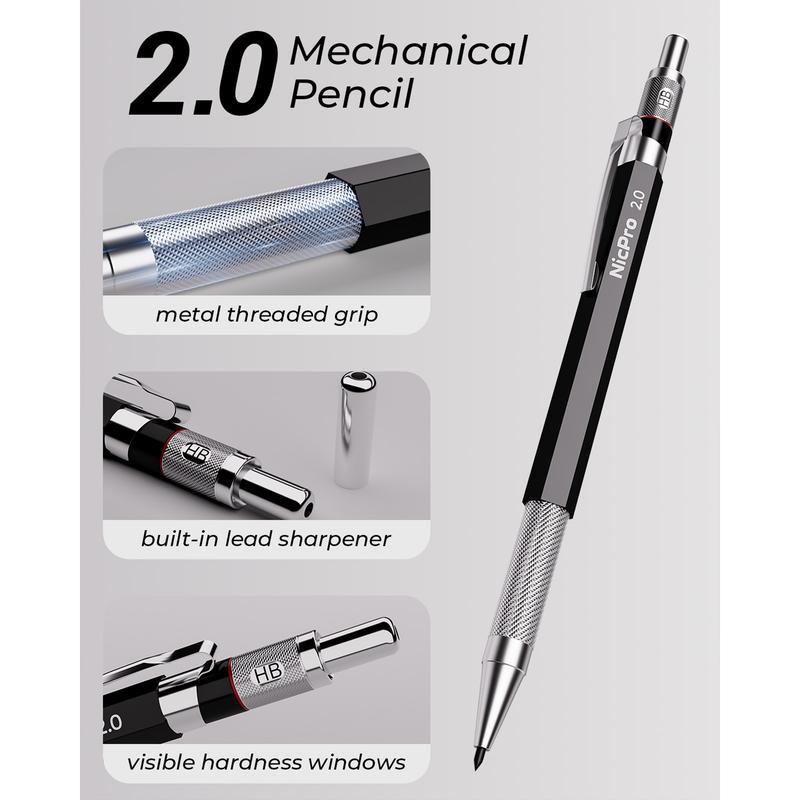 Nicpro 2mm Metal Mechanical Pencil Set with Case, 3PCS Lead Pencil Holder 2.0 mm with 144PCS Lead Refills (4H 2H HB 2B 4B 6B Color), Eraser, Sharpener for Drafting Writing Drawing Sketching 2