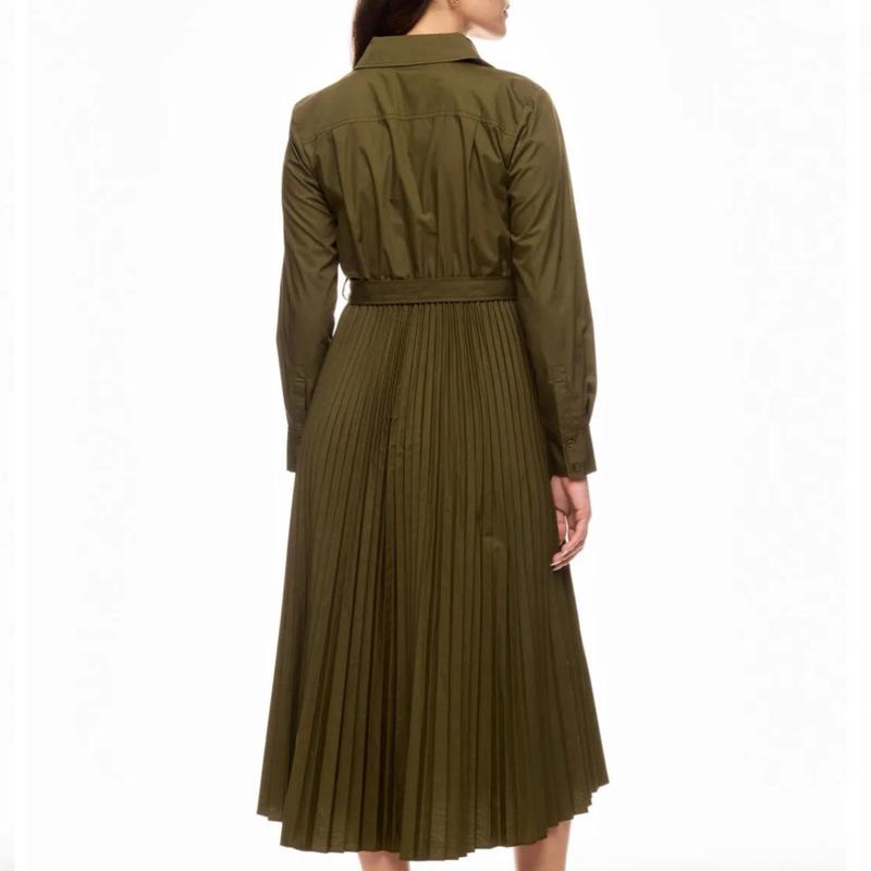 Khaki Pleat Fitted Shirt Dress Midi Belted Side Zip Comfort Crepe Occasion Party Long Dressy Outfit 6 - 16 2