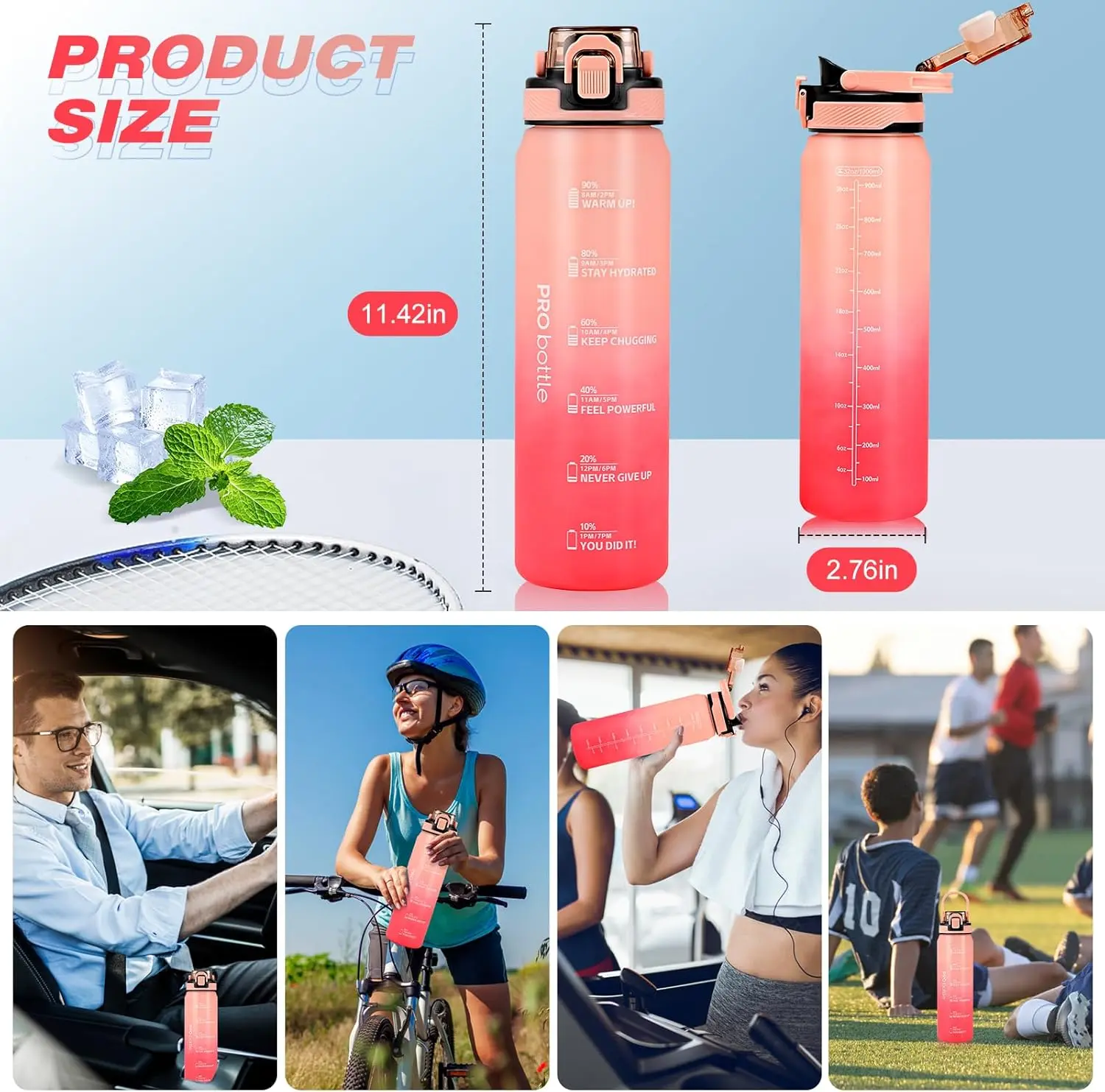 Sports Water Bottle 1L,Plastic Drinks Bottle,1 Litre Water Bottles with Time Markings,Girls Boys Waterbottle Leak-Proof & Bpa-Free for Gym,School, Office, Outdoor (No Straw) Drinkware