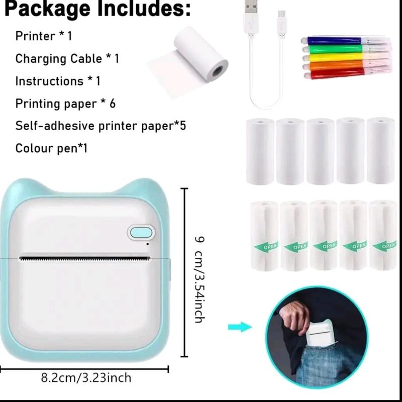 Portable Wireless Thermal printer, 1 Set Rechargeable Instant Photo Printer Peper, Mini Bluetooth Printer for home & Office, Pocket Printer, Wireless Mini Stiker Printer with 10 Rolls Thermal Paper, Portable for Notes Journal Photo Printing. 8