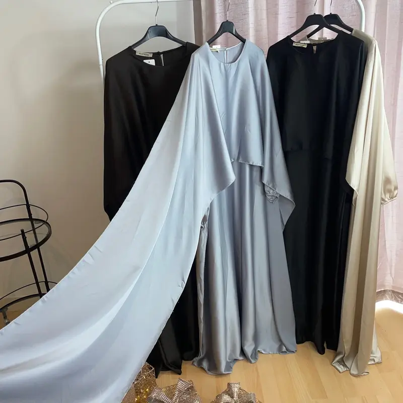 Cape Satin Dress Long Sleeve Plain Round Neck Classy 2