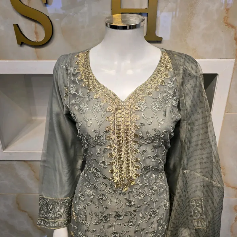 Women's Organza and Lilon Fabric Embroidered Shalwar Kameez 3-Piece Suite with Gold Thread Neck Design - Casual, Womenswear Sizes chest size S36 M 38 L 41 Xl 43 2