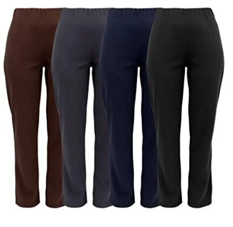 VINTAG WOMENS BOOTLEG TROUSERS LADIES STRETCH RIBBED PANTS PULL ON BOTTOMS Grey, Black, Navy and Brown Casual Comfort Fabric Fit Womenswear Elastic Formal High Waist 1