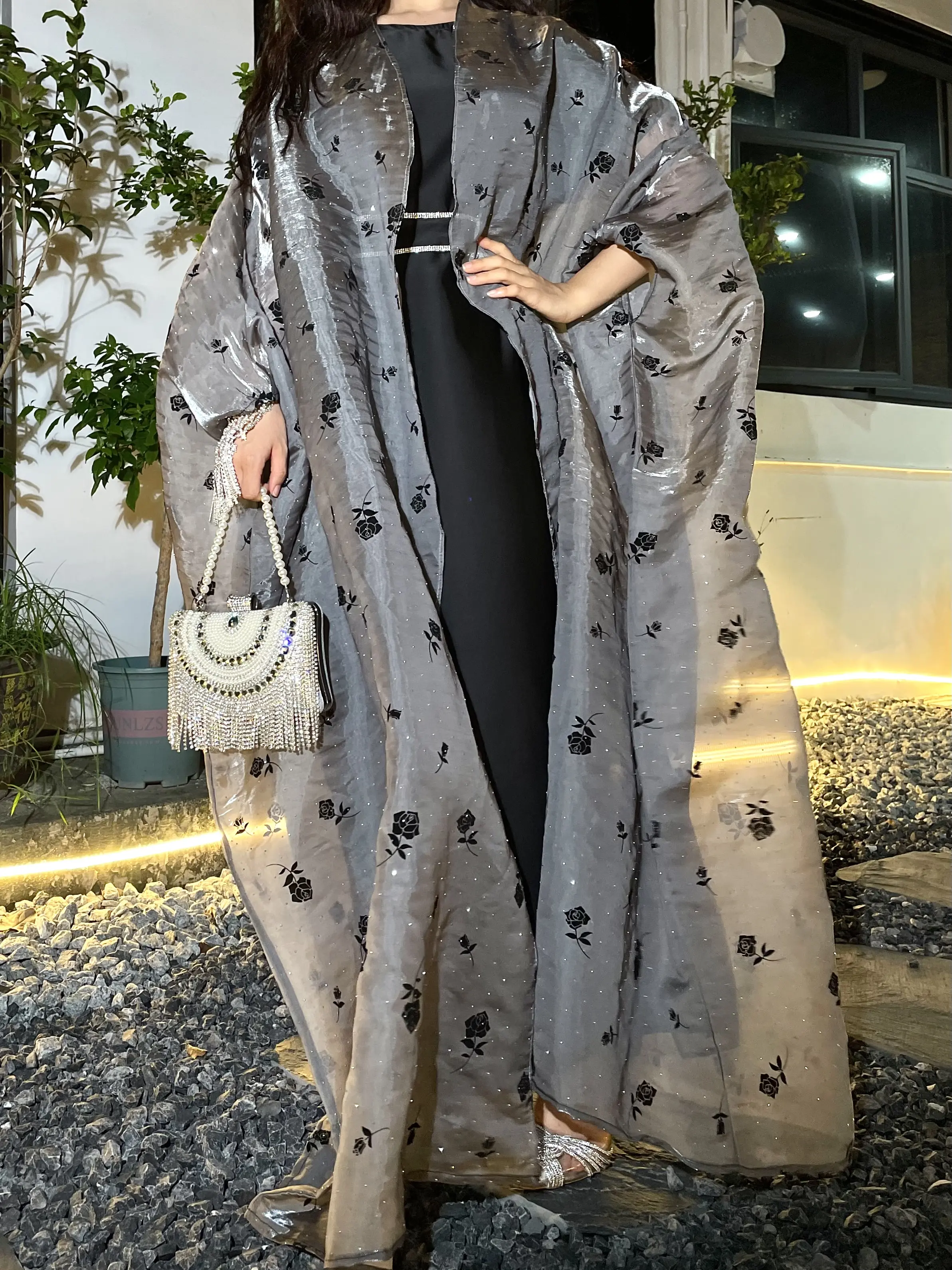 #LY10 Ramadan Promotion Rose flower shimmer abaya set, organza butterfly abaya with inner dress and crystal embellished belt