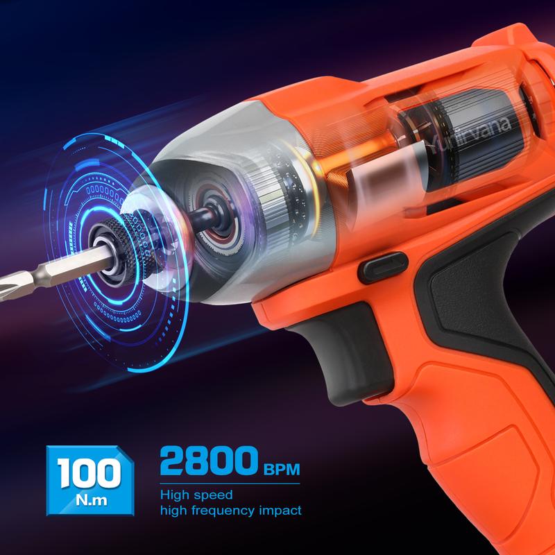 Product Introduction of Rechargeable Impact Driver 20V, Yunirvana Variable Speed (0-2800RPM) Cordless Impact Driver with 6Pcs Screwdriver bits,1.3Ah Battery and Charger，Suitable for Tightening Screws 13