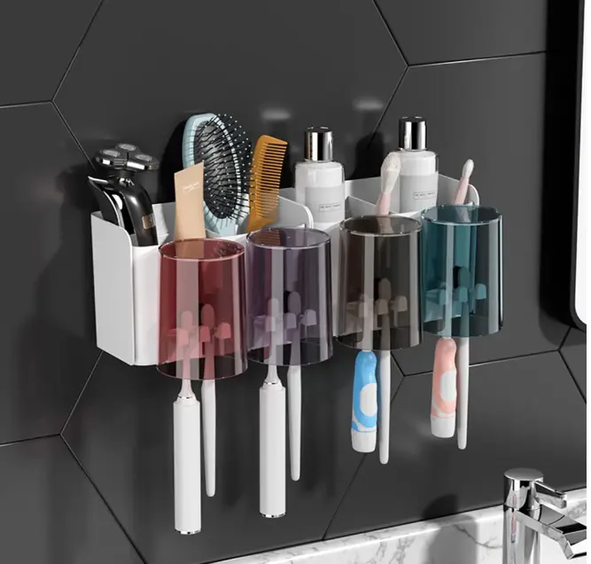 Toothbrush Holder Wall Mounted, Adhesive Toothbrush Holders, Multifunctional Bathroom Toothbrush Holder with 4 Cups and 4 Toothbrush Slots can Hold 8 Toothbrushs 0