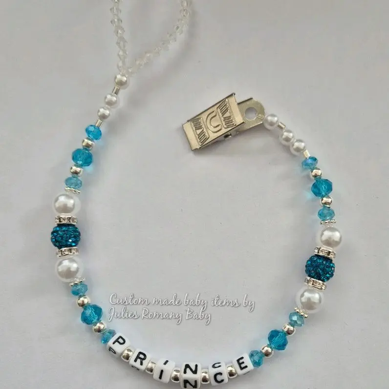Personalised Dummy clip Shamballa Pearl Crystal beads ANY NAME