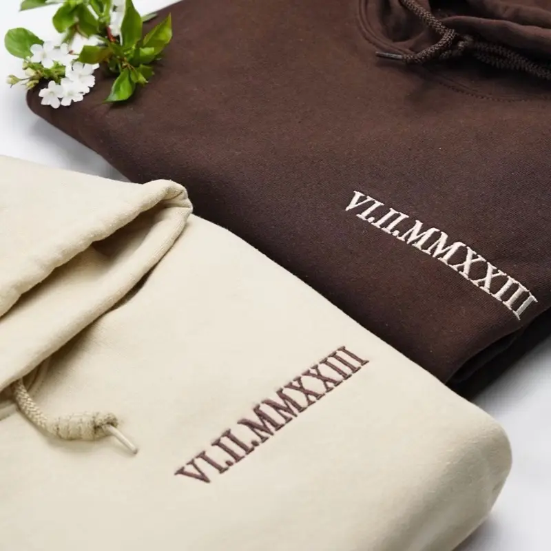 Personalized Embroidered Roman Numeral Hoodie with Custom Initials and Heart Sleeve for Couples - Elegant, Love, Tops, Garment, Customized, Menswear