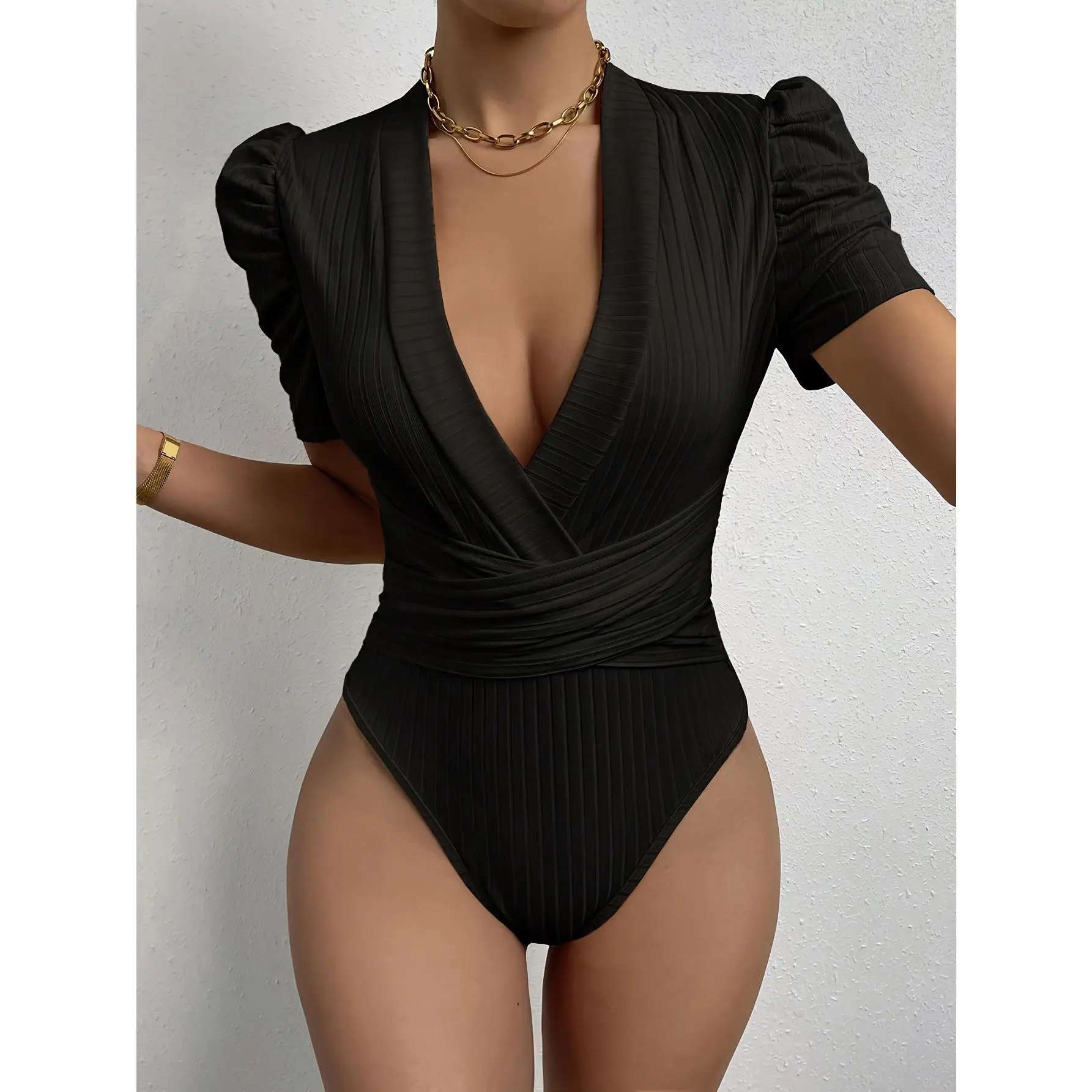 Elegant Black V-Neck Bodysuit - Chic Puff Sleeve, Ribbed Knit, Stretchy Polyester, Machine Washable - Sophisticated Style for All Seasons Womenswear Tops