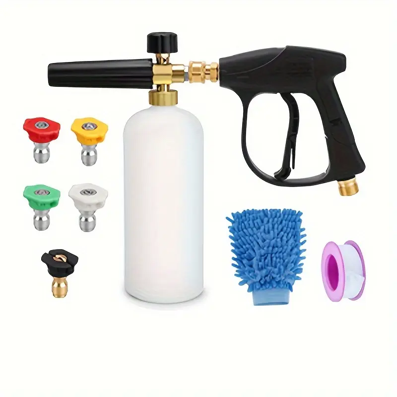 Simplexsh Pressure Washer Snow Foam Cannon Lance Gun, 1L Adjustable 1/4" Quick Release Foam Cannon Bottle Soap Dispenser With 5 Color Nozzles And Foam Lance Gun For Car Wash, Courtyard Cleaning 0