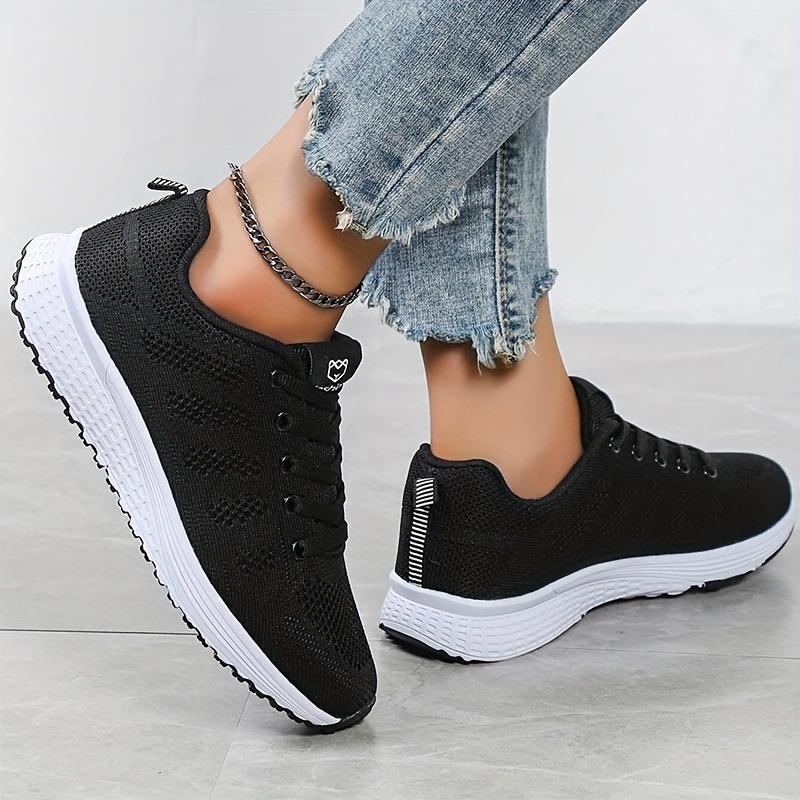 Women's Lightweight Mesh Athletic Sneakers - Breathable, Lace-Up Running Shoes with EVA Sole, Fashionable Black Casual Walking Footwear 3