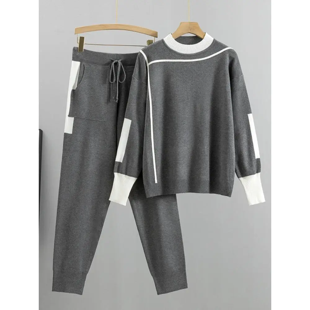 Winter Women Knitted 2 Pieces Set Muslim Casual Thicken Pullover Sweater Knitted Pant 2PCS Suits Outfit Sport Warm Set 2024