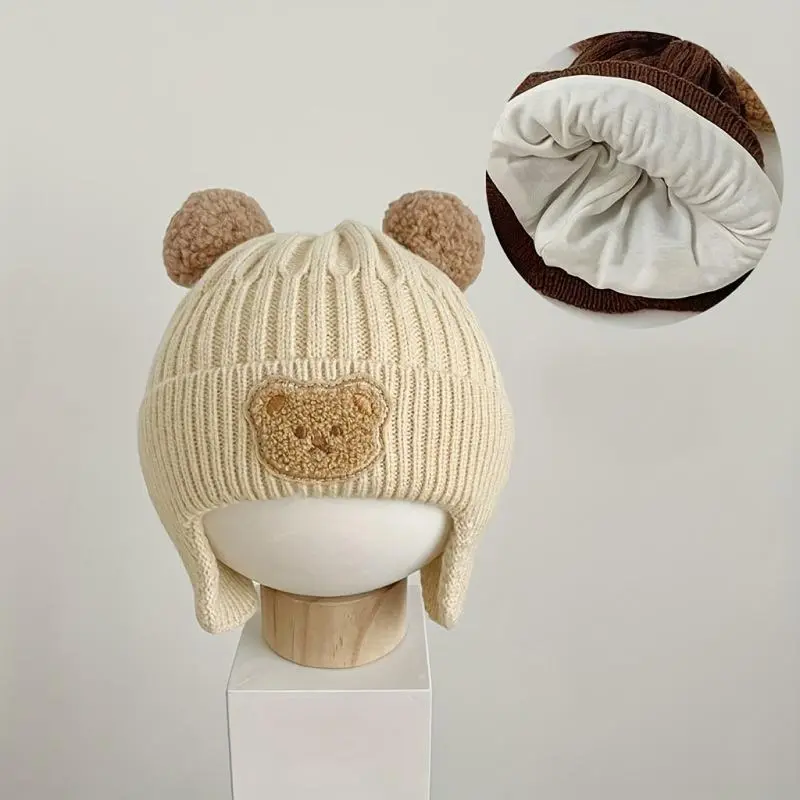 1pc Winter Baby Beanie Cap - Cartoon Bear Ear Protection Knitted Hat For Toddler Boys & Girls - Soft & Warm Wool Blend - Perfect for Cold Weather - Ideal Gift for Baby Shower 7