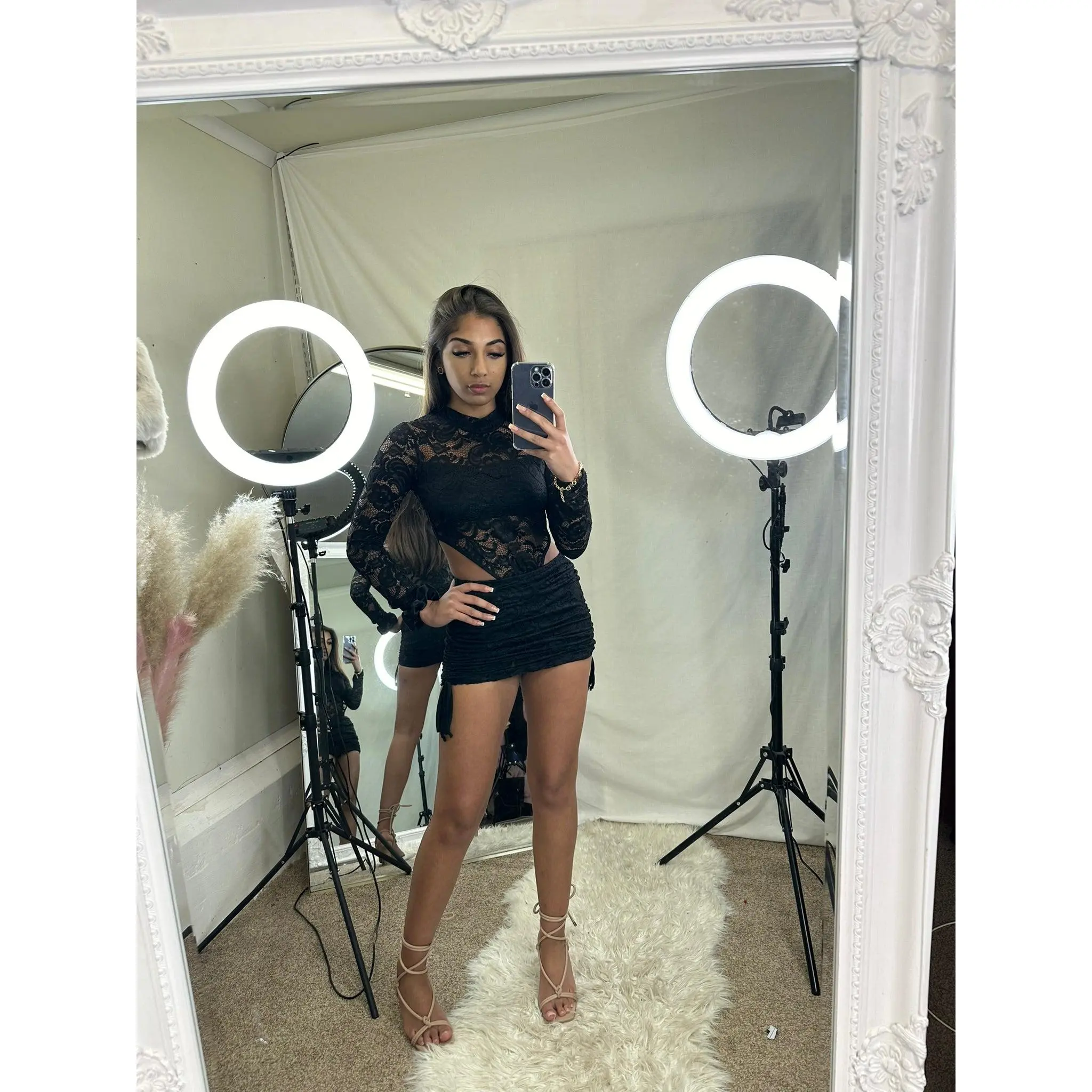 Lace cut out bodysuit and ruched mini skirt 5113