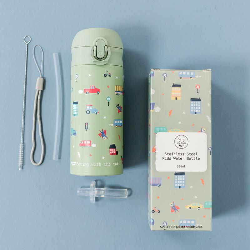 City Heroes 350ml Kids Stainless Steel Water Bottle green with lid 2