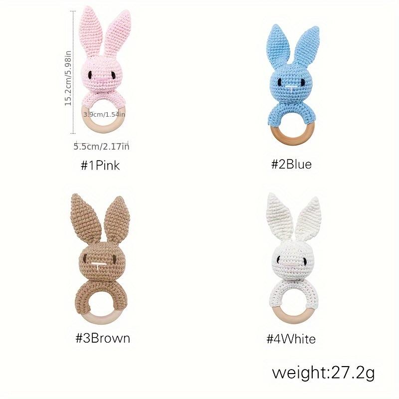 Crochet Rabbit Baby Rattle, Cute Rabbit Grasping Toys, Baby Gnawable Wooden Hand Rattle, Hand Rattle Toy Gift Box, White Pink Blue Brown, with Christmas & Easter Gift 3