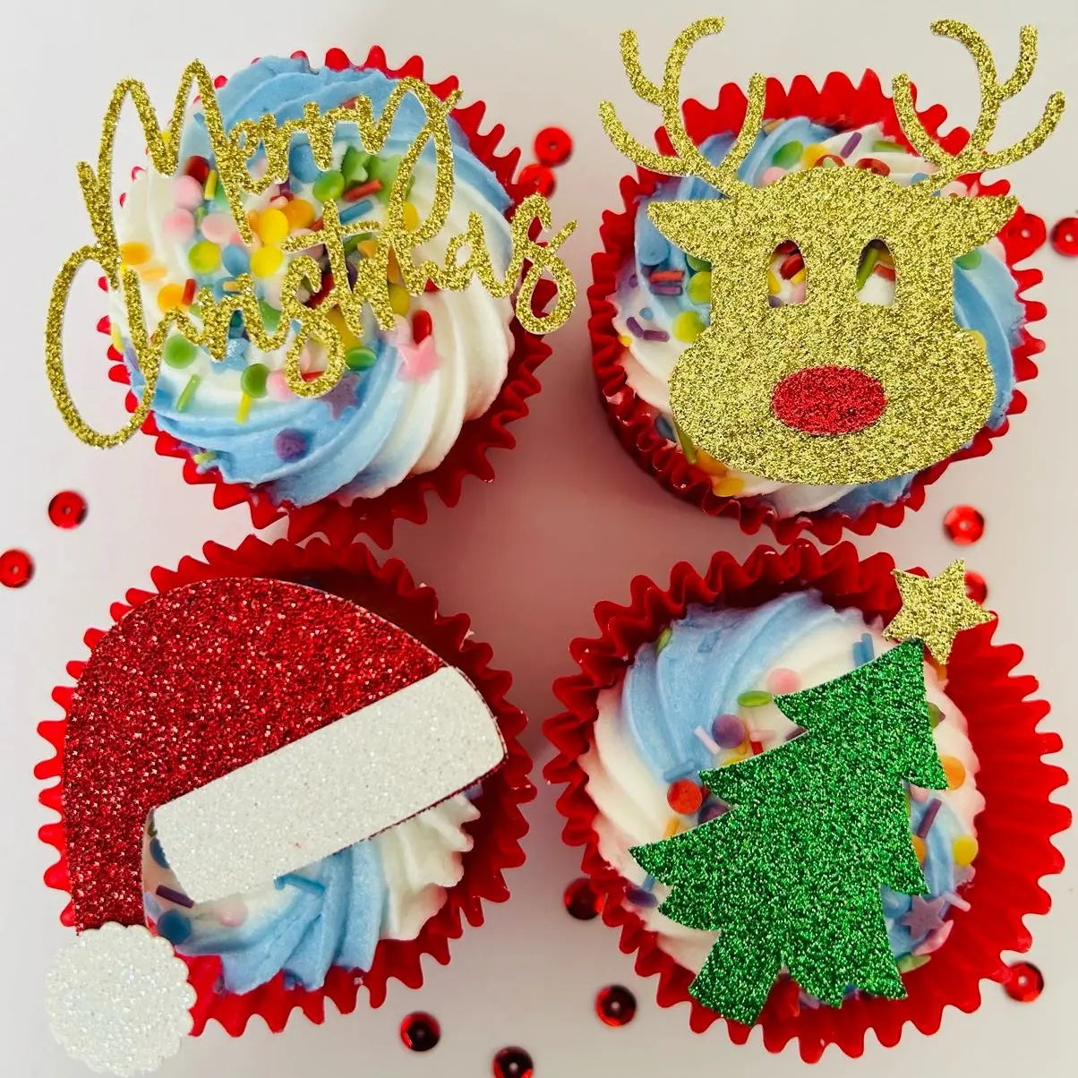 Christmas Cupcake Topper Set - Reindeer, Santa, and Christmas Tree Cake Toppers - Ornaments, Decor
